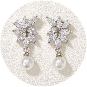 Crystal Cubic Zirconia Pearl Wedding Bridal Earrings for Brides Bridesmaids Pear
